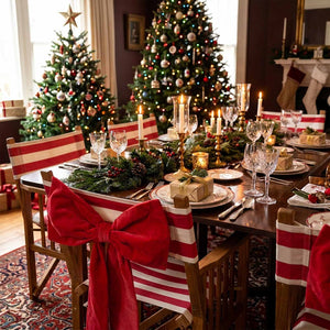 A festive Christmas dining table set with red and white striped chairs, a large red velvet bow on the front chair, green garlands, candles, plates, and wrapped gifts under two decorated Christmas trees