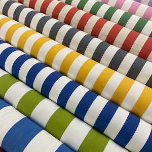 striped fabrics with colour combinations of white with blue, green, yellow, grey, red, and pink stripes.