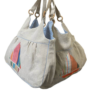 natural linen bags with stripe sail boat motif and blue white stripe lining