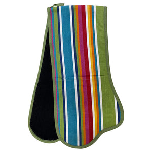 Multicoloured striped oven mitt with green border