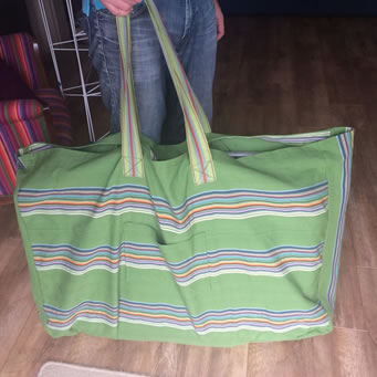 Extra large bag made from TSC deckchair canvas fabric and striped webbing