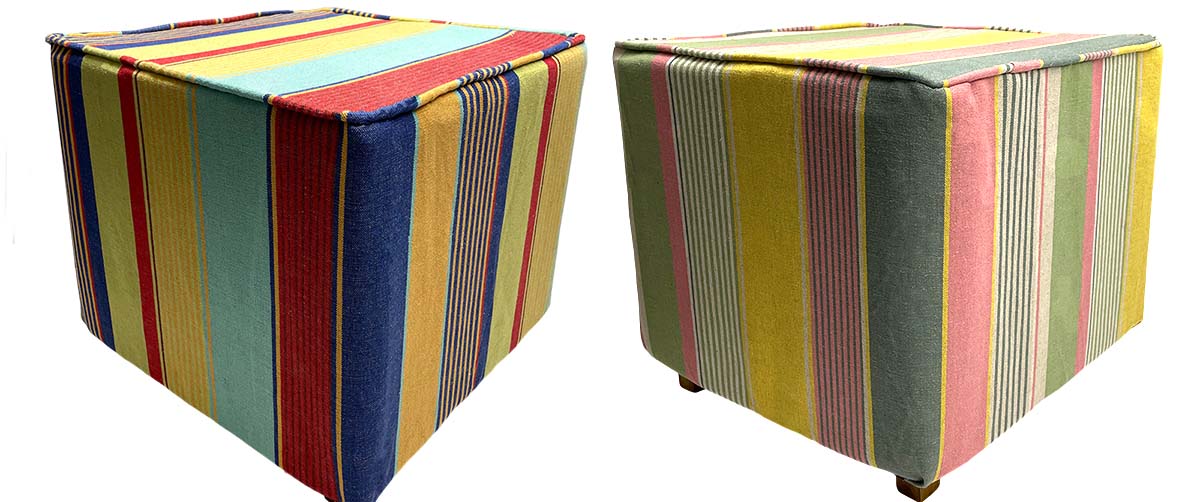 Blue, Sand, Turquoise Striped Upholstered Footstools - Stripe Linen Pouffes