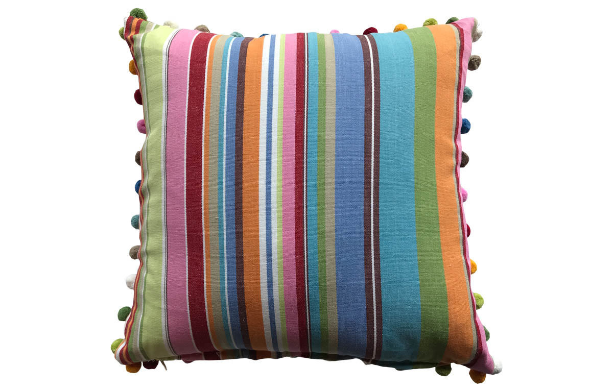 Blue, Pink and turquoise Stripe Pompom Cushion
