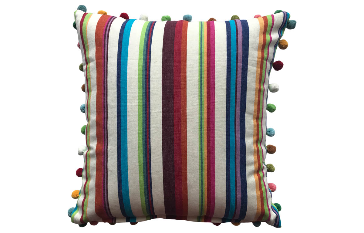 Cream, Brown, Terracotta and Green Stripe Pompom Cushions