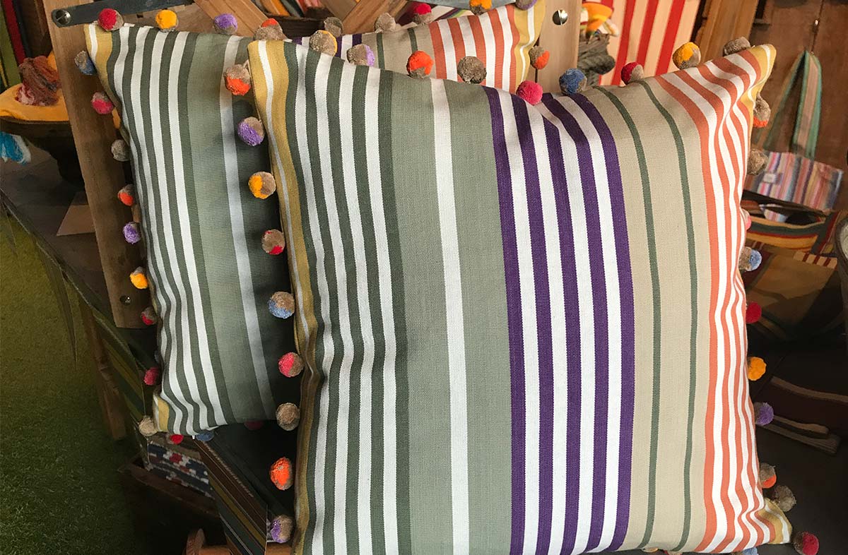 Sage Green, Purple and Mustard Striped Pompom Cushions