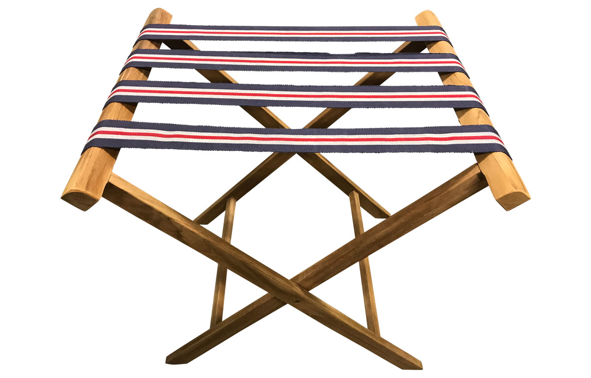Folding Luggage Rack with Blue, Red and White Striped Webbing