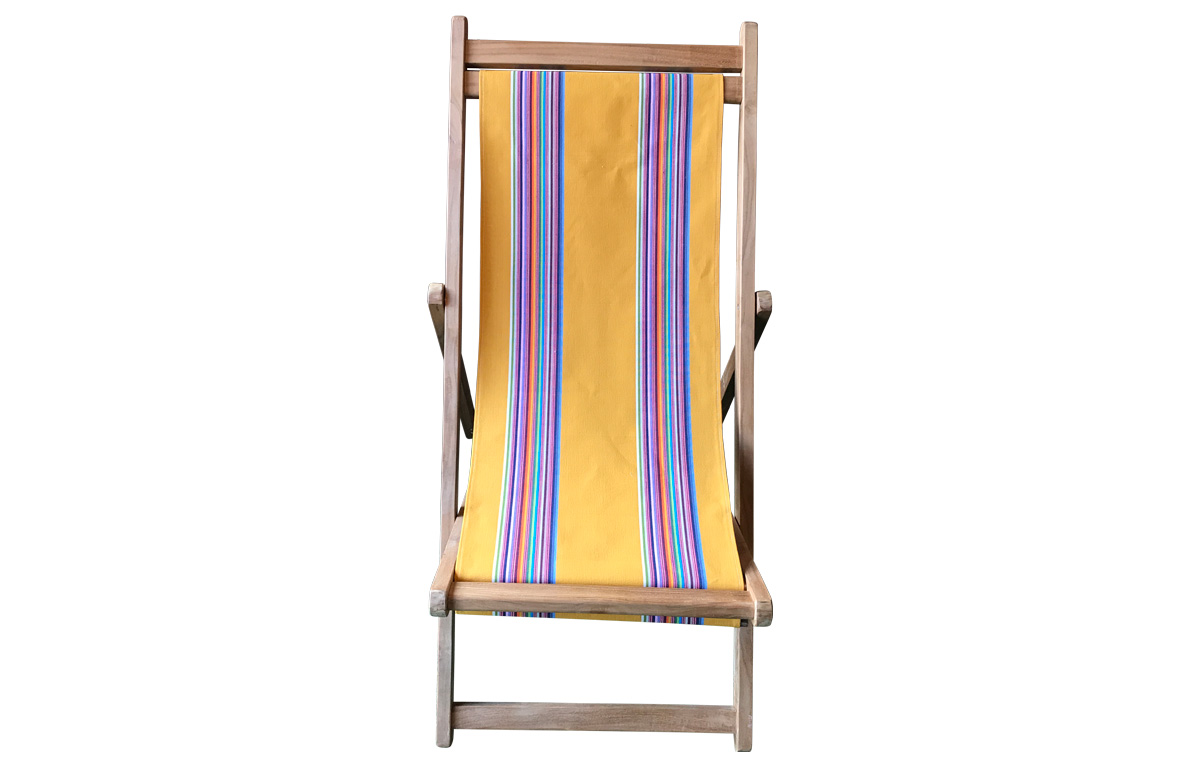 Butterfly Yellow Teak Deck Chairs with rainbow stripes  