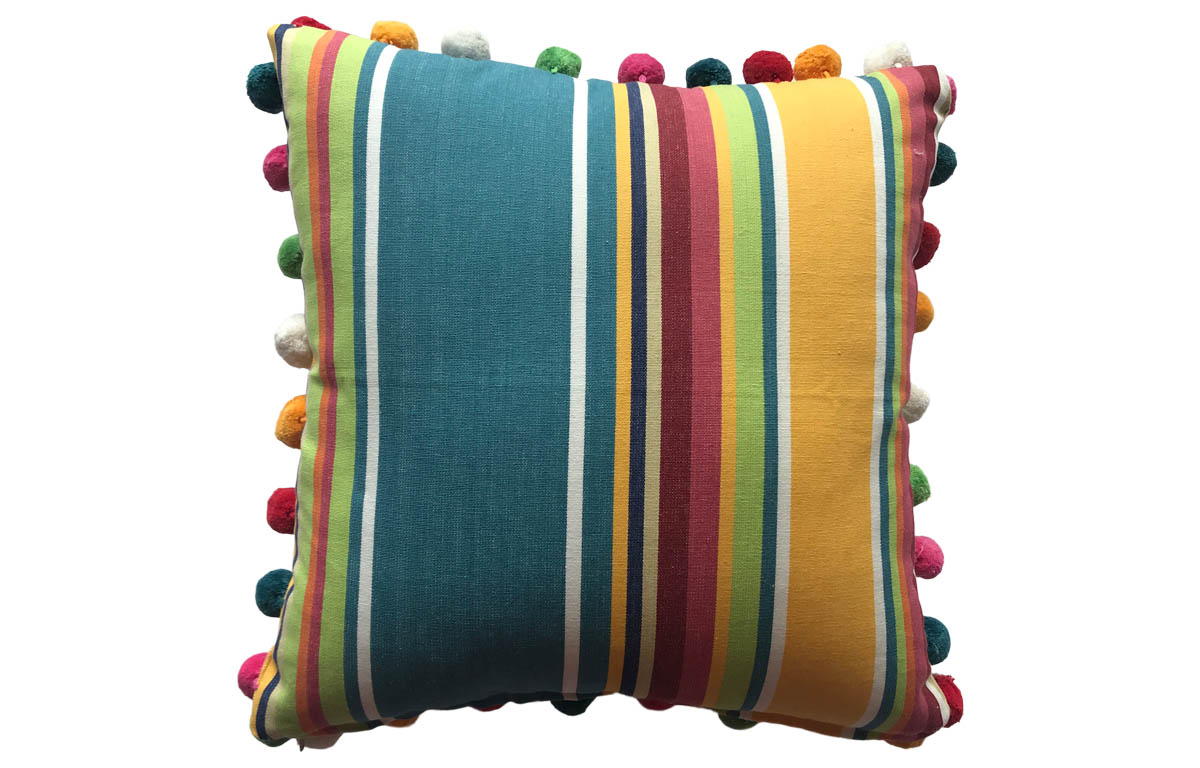Yellow, Green and Blue Striped Pom Pom Cushions