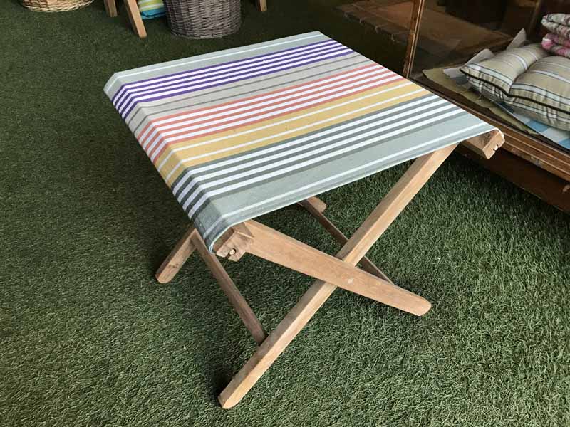 Folding Wooden Stool with Sage green, purple, mustard, rust, white stripe seat