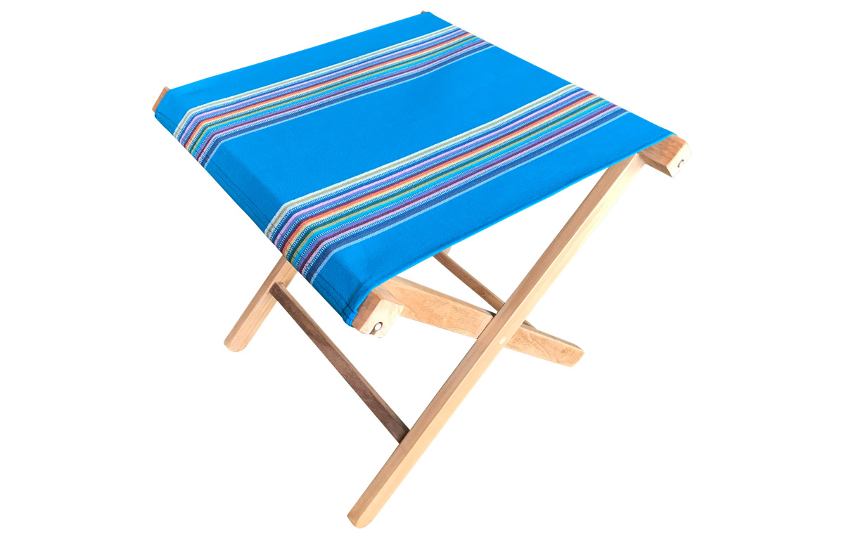 Portable wooden stool with turquoise seat