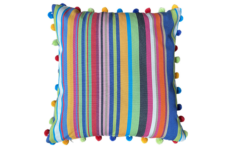 Blue, Green and Pink Stripe Pompom Cushions