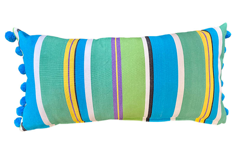 Green, Turquoise, White Striped Oblong Cushions with Bobble Fringe