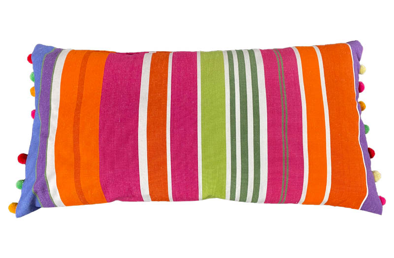 Pink, Blue, Green Striped Oblong Cushions with Bobble Fringe