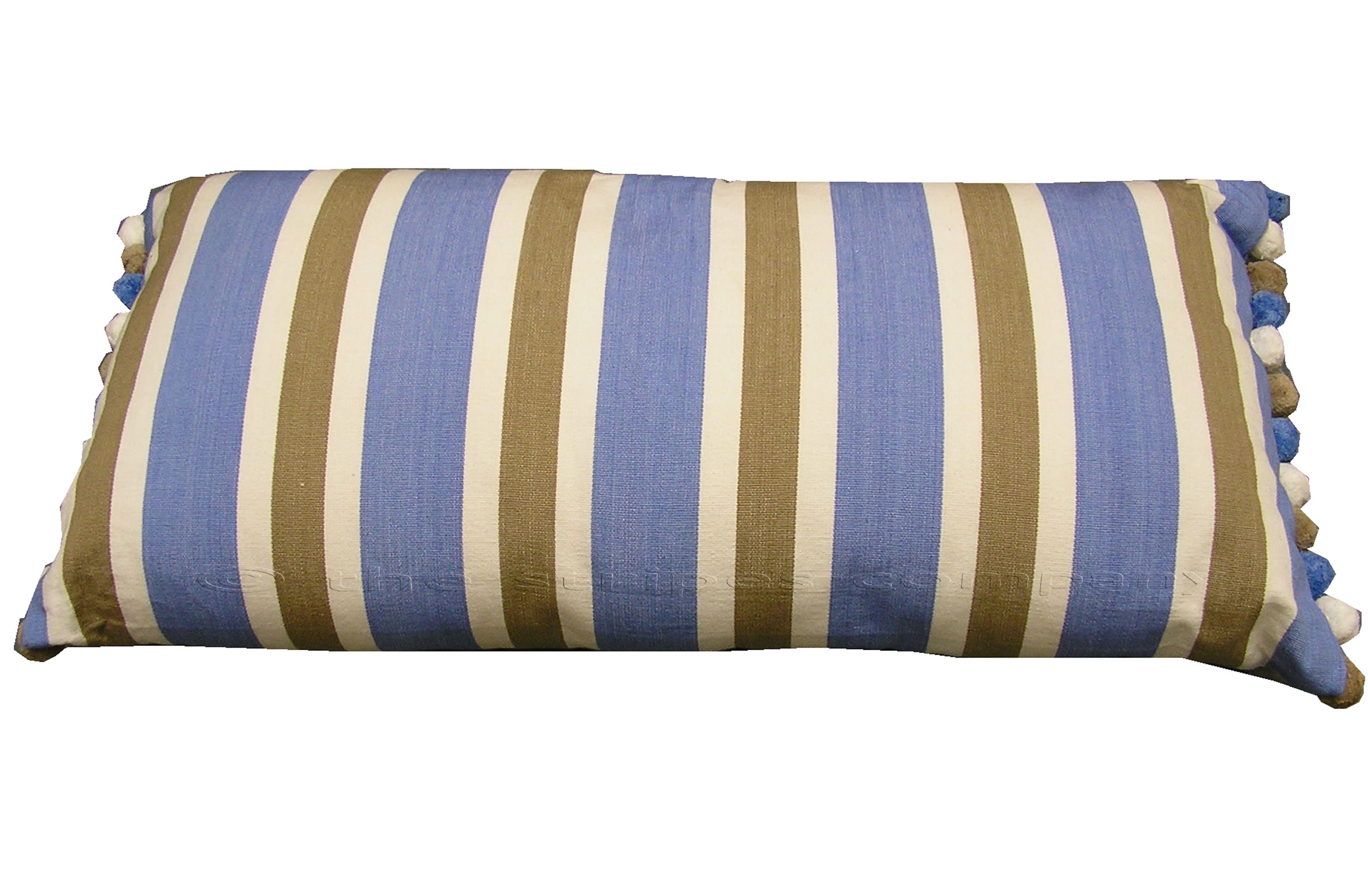 Sky Blue Striped Oblong Cushions with Bobble Fringe  Karate Stripes