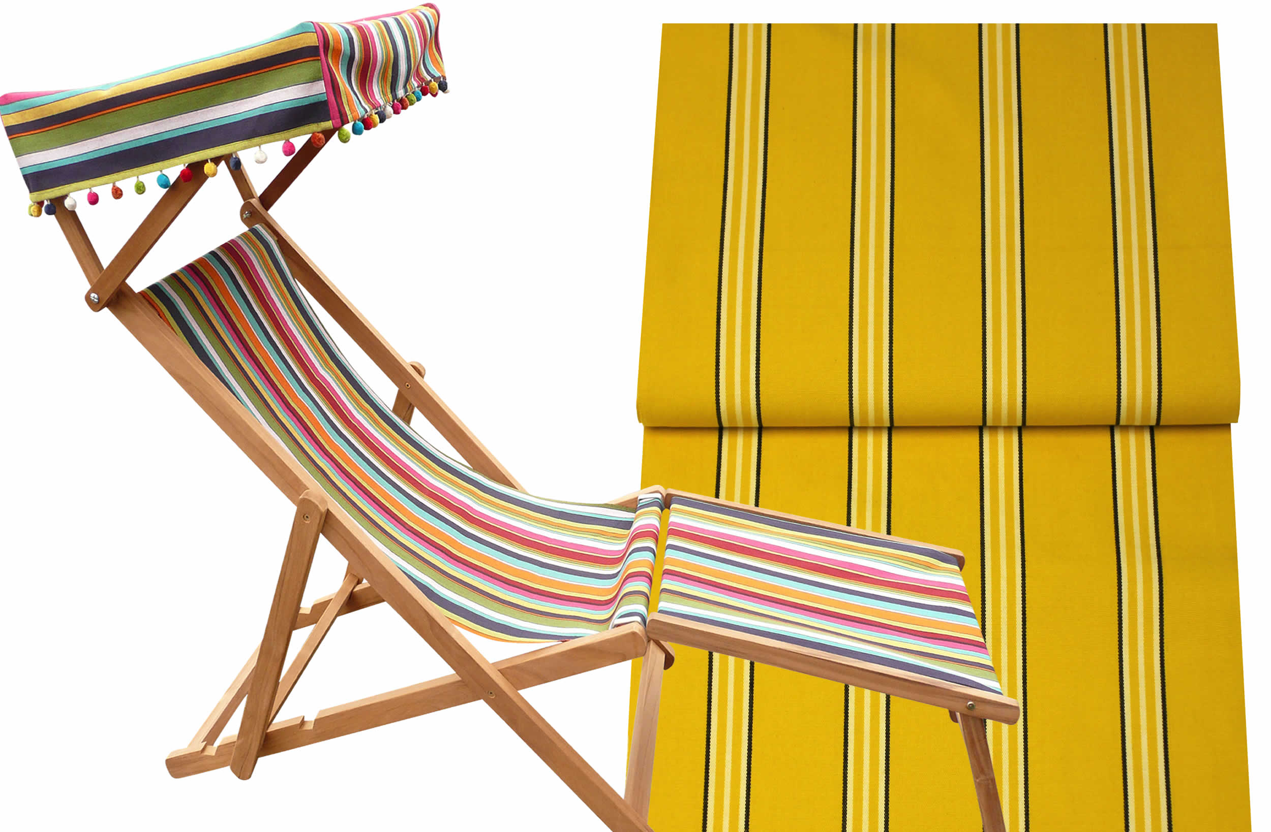 Yellow, White and Black stripe Edwardian Deckchairs with Canopy and Footstool