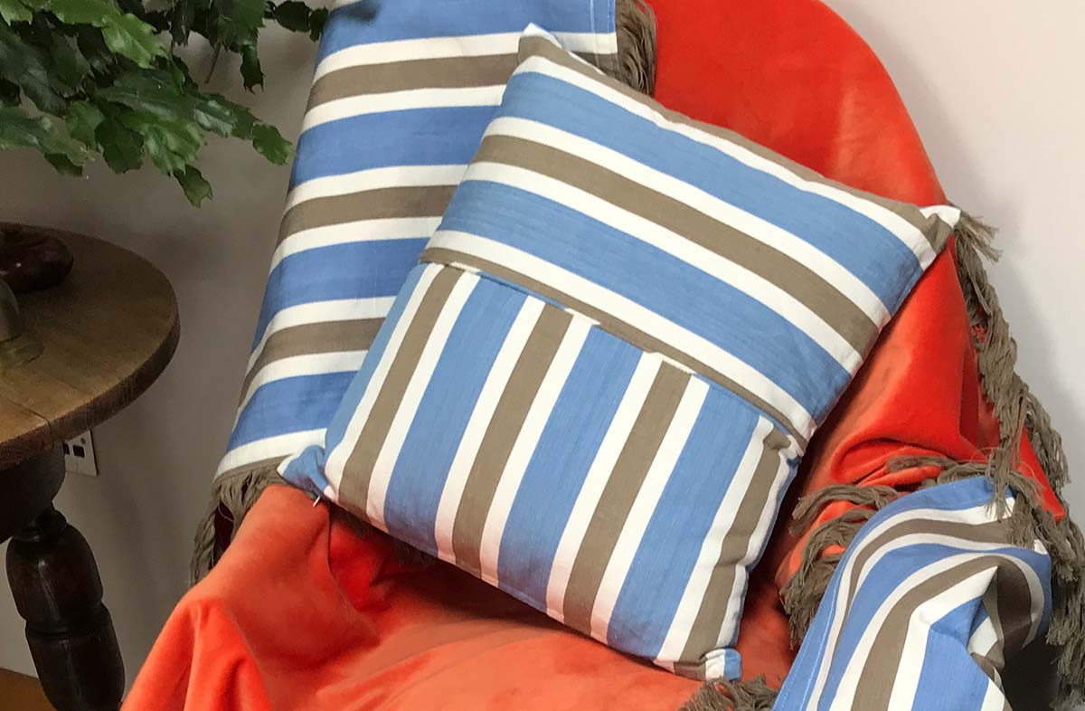 Striped Piped Cushions | Square Piped Cushions sky blue, beige, white  