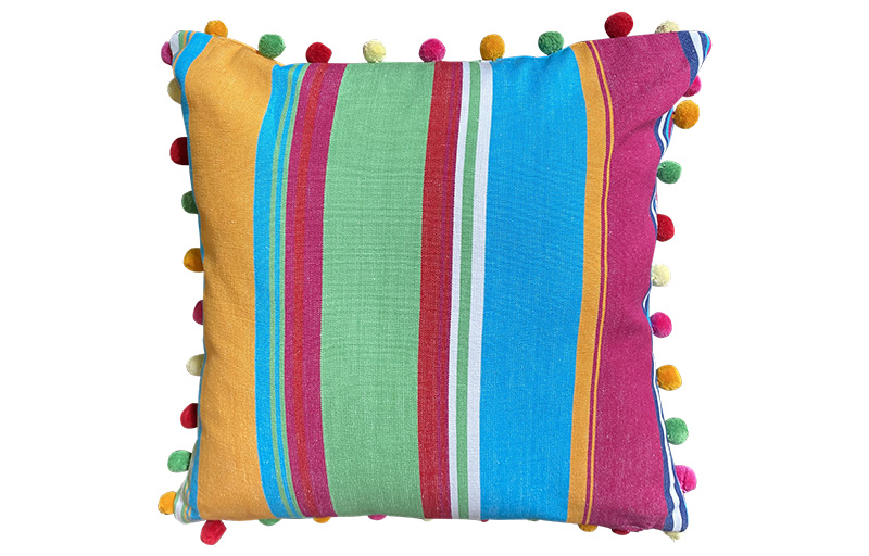 Pink, Green and Yellow Stripe Pompom Cushions