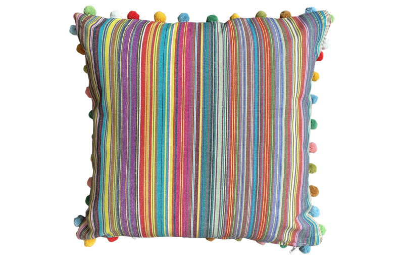 Thin Rainbow Multi Striped Pompom Cushions