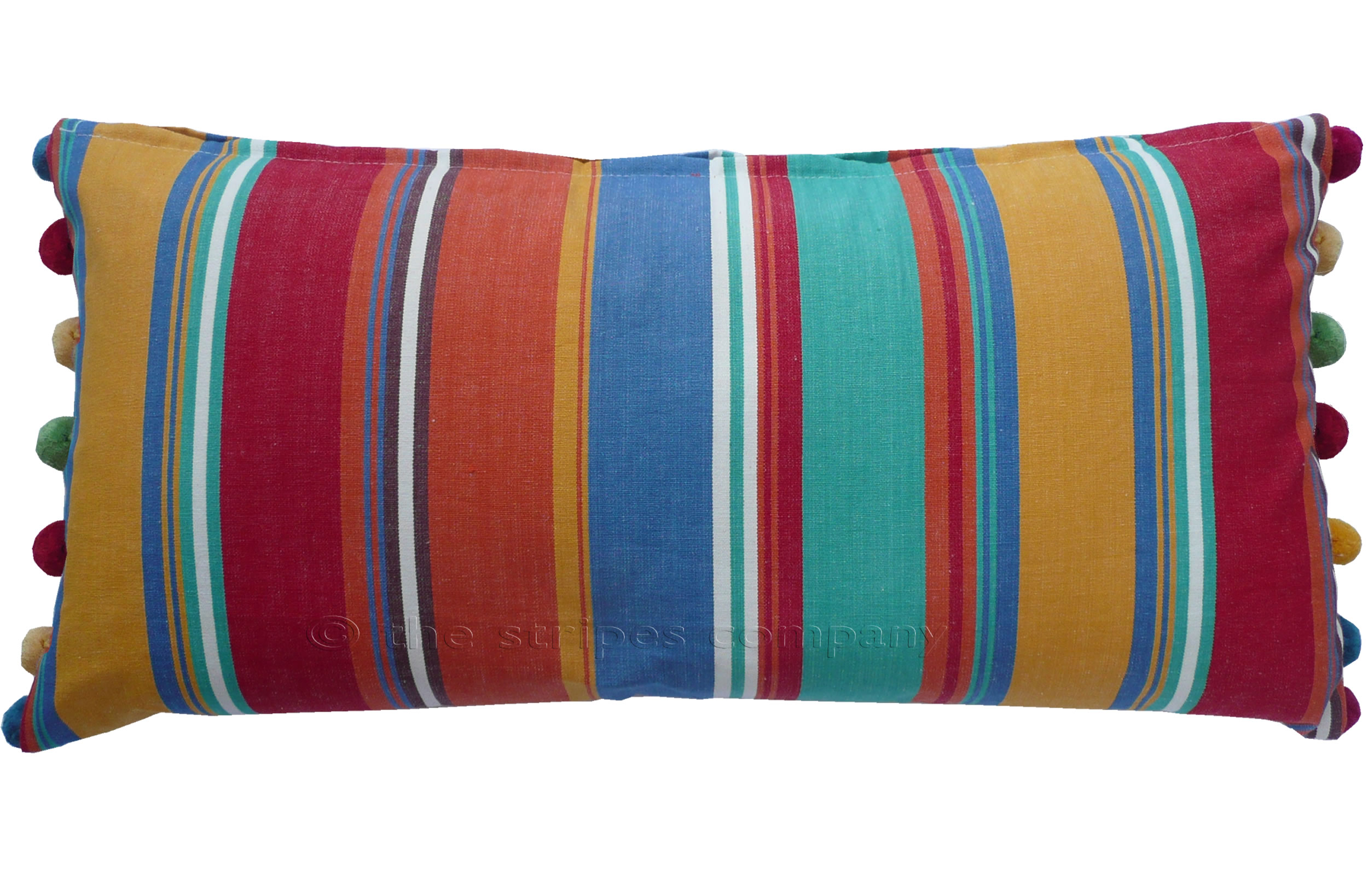 Orange, Blue, Jade Green, Yellow, Red Striped Oblong Cushions with Bobble Fringe