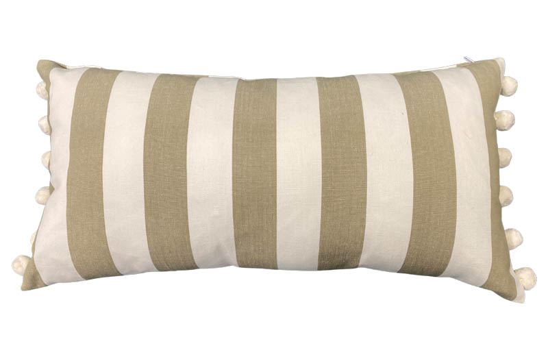 Beige and White Striped Oblong Cushions with Bobble Fringe 