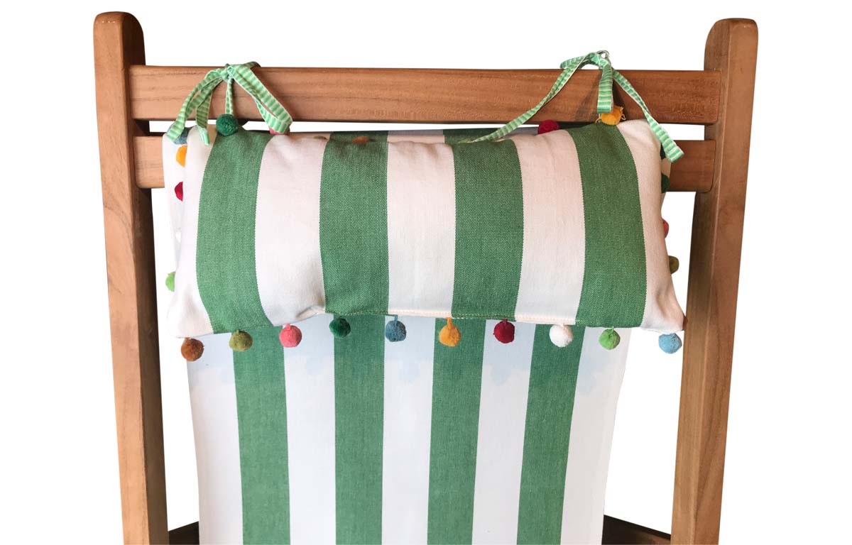 Green and White Stripe Headrests for Deckchairs | Tie on Pompom Headrest Pillow