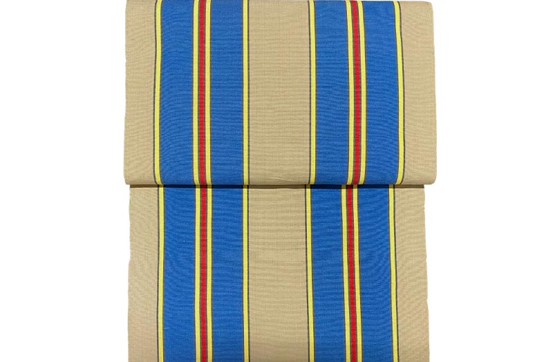 Replacement Deckchair Slings with stripes of vintage beige and mid blue edged in yellow and red