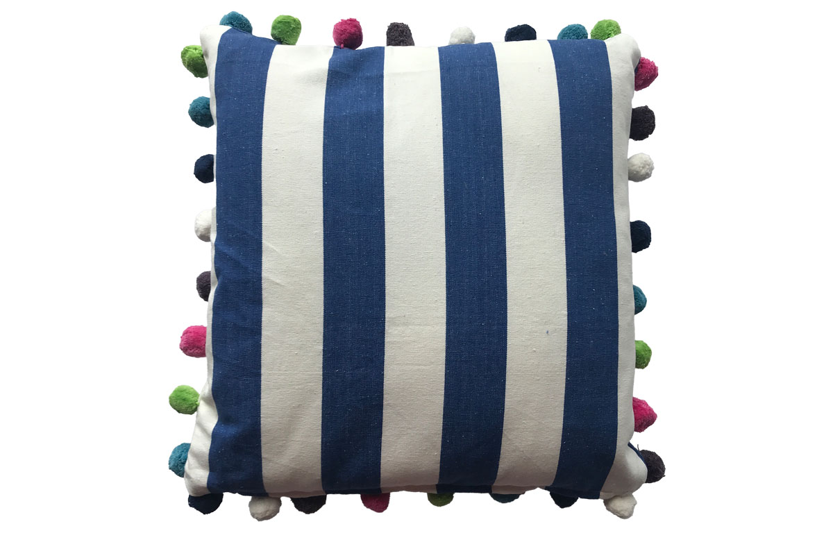 Blue and White Striped Pompom Cushions