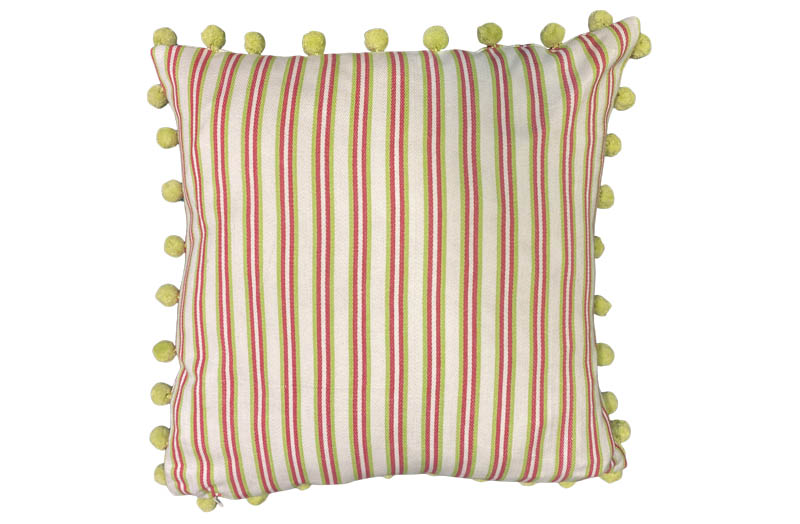 Pink and Green Ticking Stripe Pompom Cushion