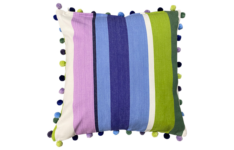 Green, Blue and Purple Striped Pompom Cushions