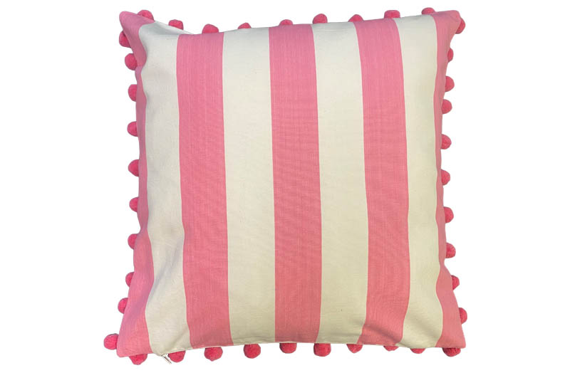 Pink White Stripe Pompom Cushion