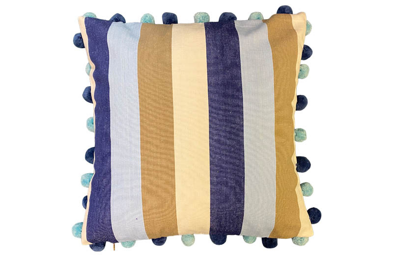 Light Blue, Dark Blue, Beige Stripe Pompom Cushions
