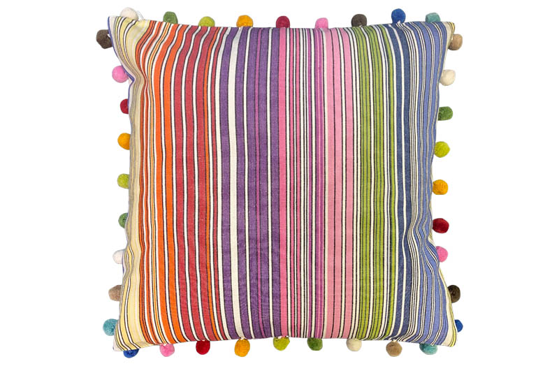 Narrow Rainbow Multi Stripe Pompom Cushions