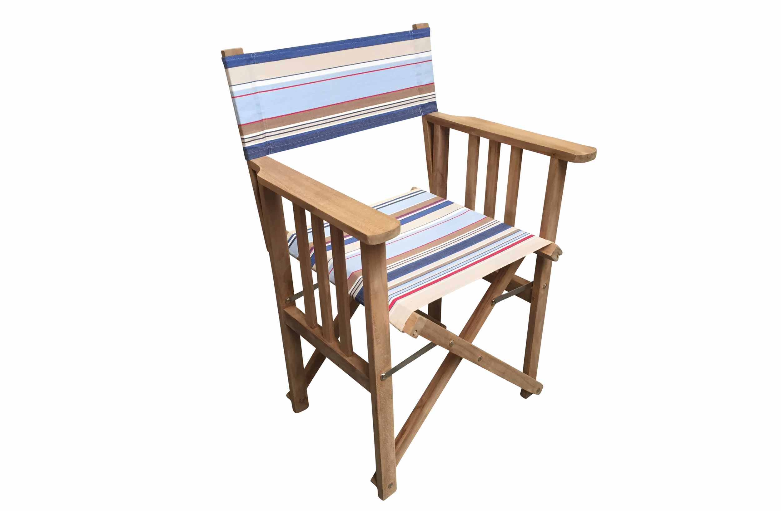 Teak Directors Chair with Blue, Grey, Red Stripe Covers