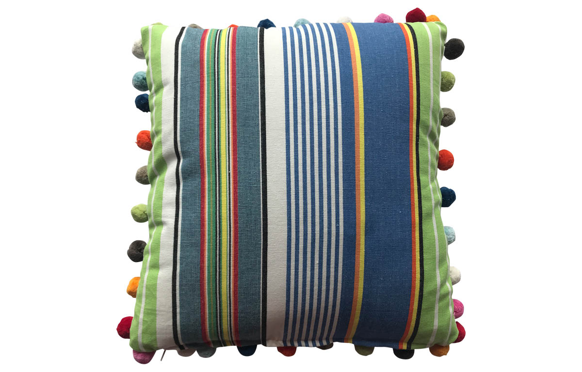 Bright Blue, Denim Blue and Lime Green Striped Pompom Cushions