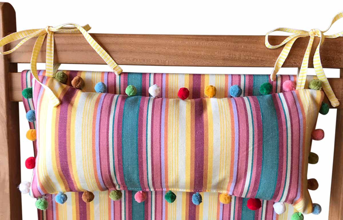 Vintage Yellow, Pink, Green Stripe Tie on Headrest Cushions for Deck Chairs