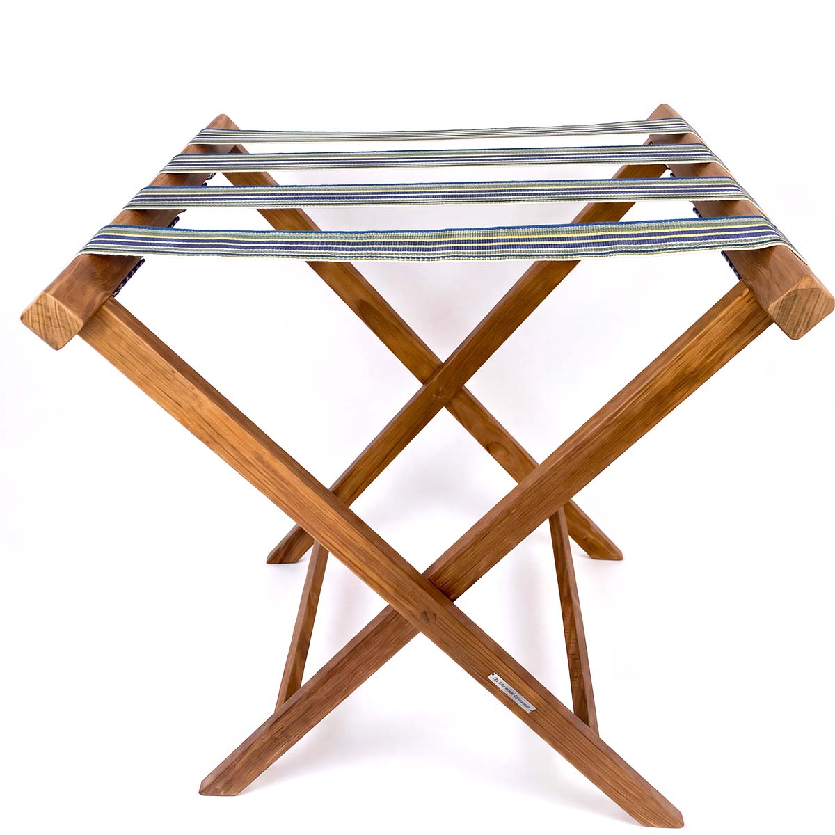 Folding wooden teak luggage rack with blue green and yellow stripe cotton webbing straps for hotel guest room