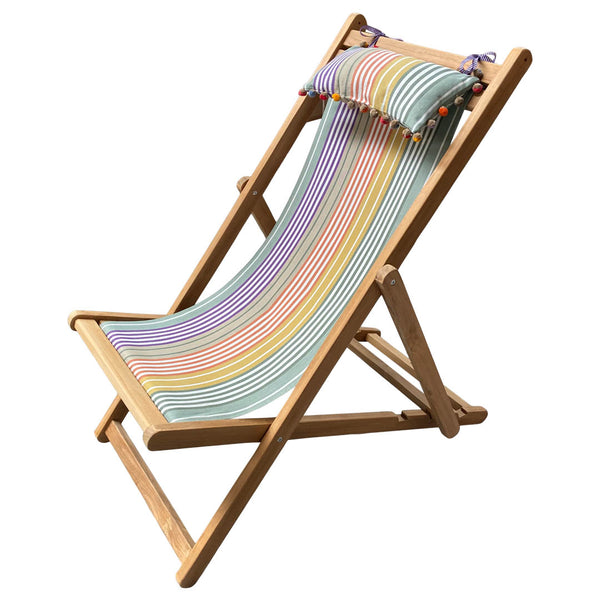 wooden deckchair with headrest sage green stripe