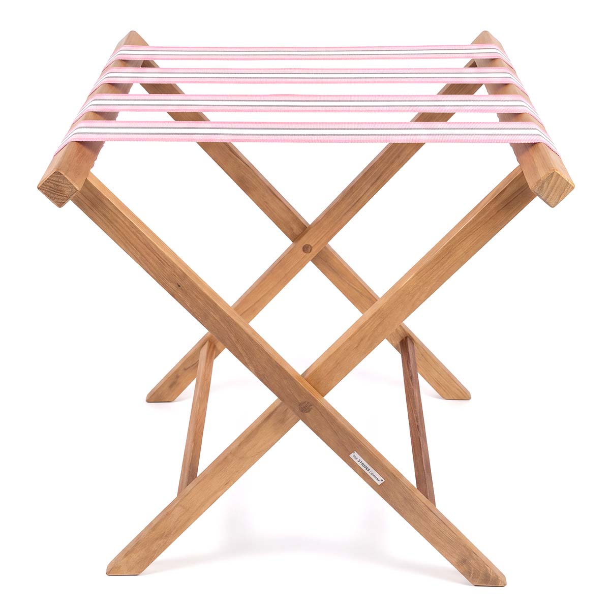 Folding wooden teak luggage rack with soft pink, grey and white stripe cotton webbing straps for hotel guest room