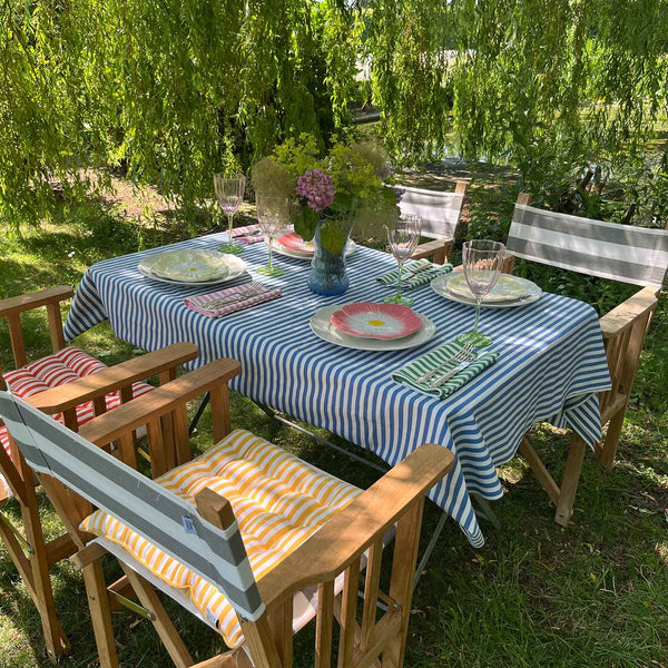 Rectangular blue and white striped tablecloth and striped napkins on table surrounded by directors chairs with striped cushions.