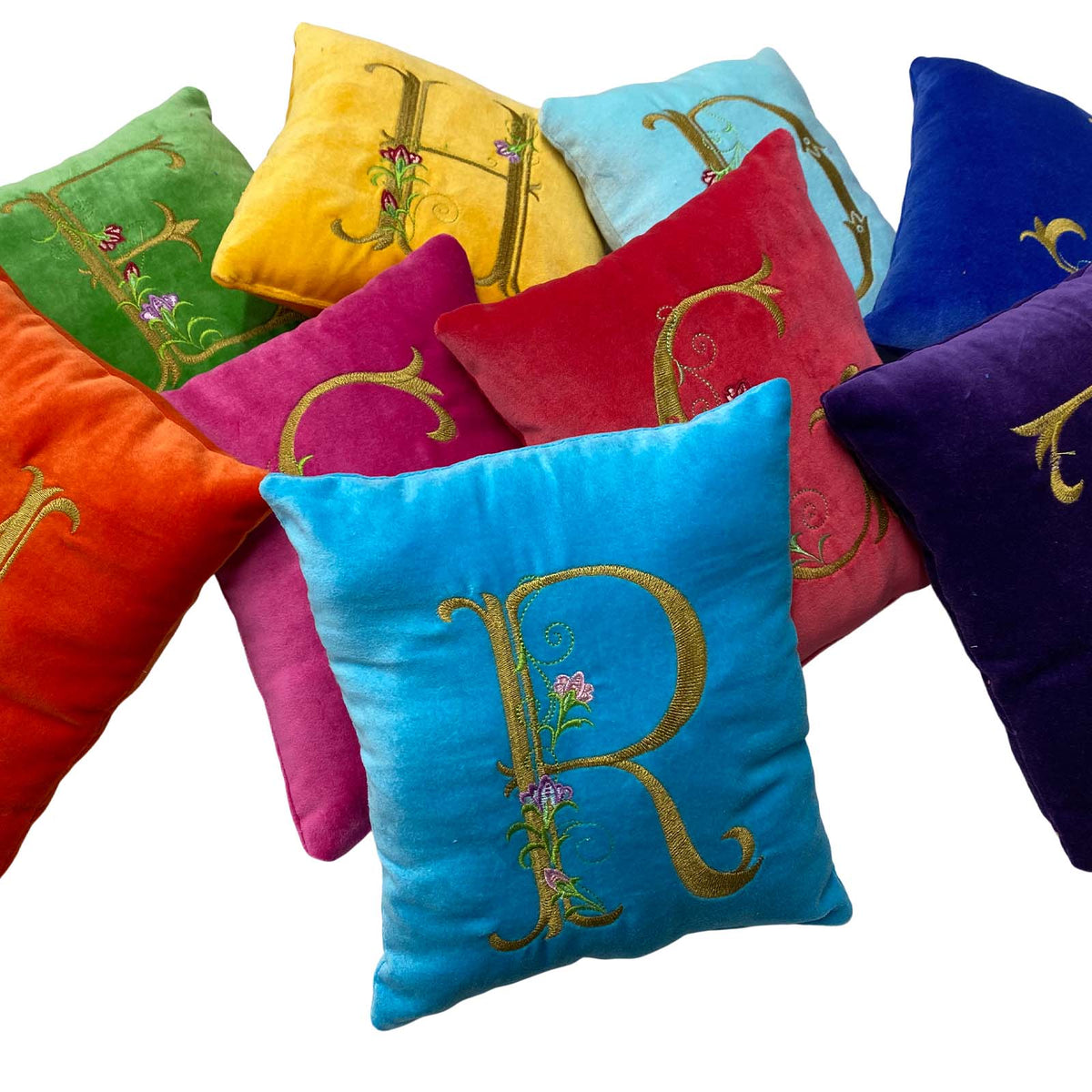 alphabet cushions velvet with embroidered letters