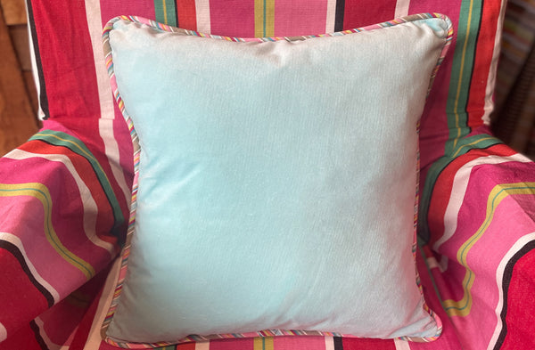 pale aqua velvet cushion pink stripe piping