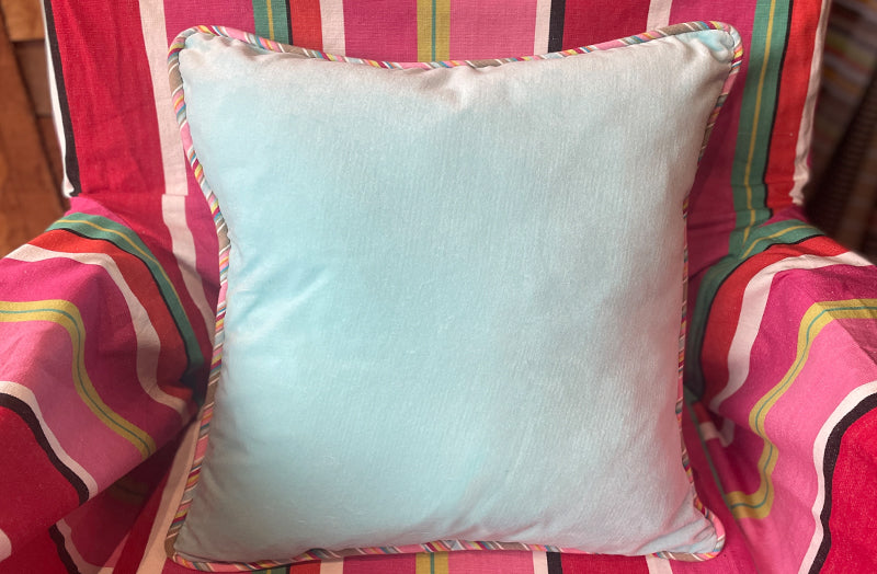 pale aqua velvet cushion pink stripe piping