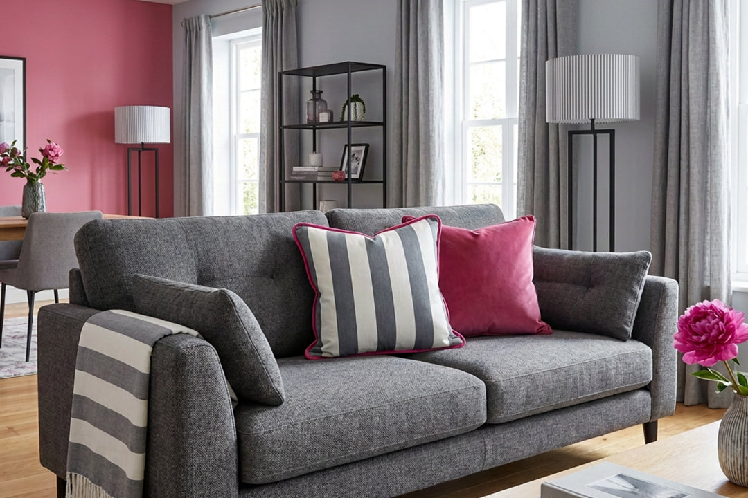 bespoke striped cushions and lampshades grey white stripes with pink