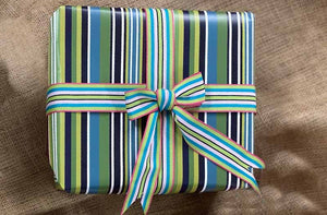blue green stripe gift wrapped present