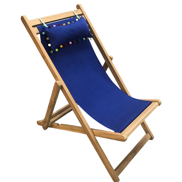 deckchair blue head rest multicolour pompom trim