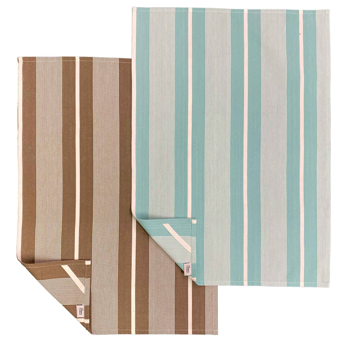 set of two striped tea towels: one in brown and off white stripes, and one in aqua and white stripes.