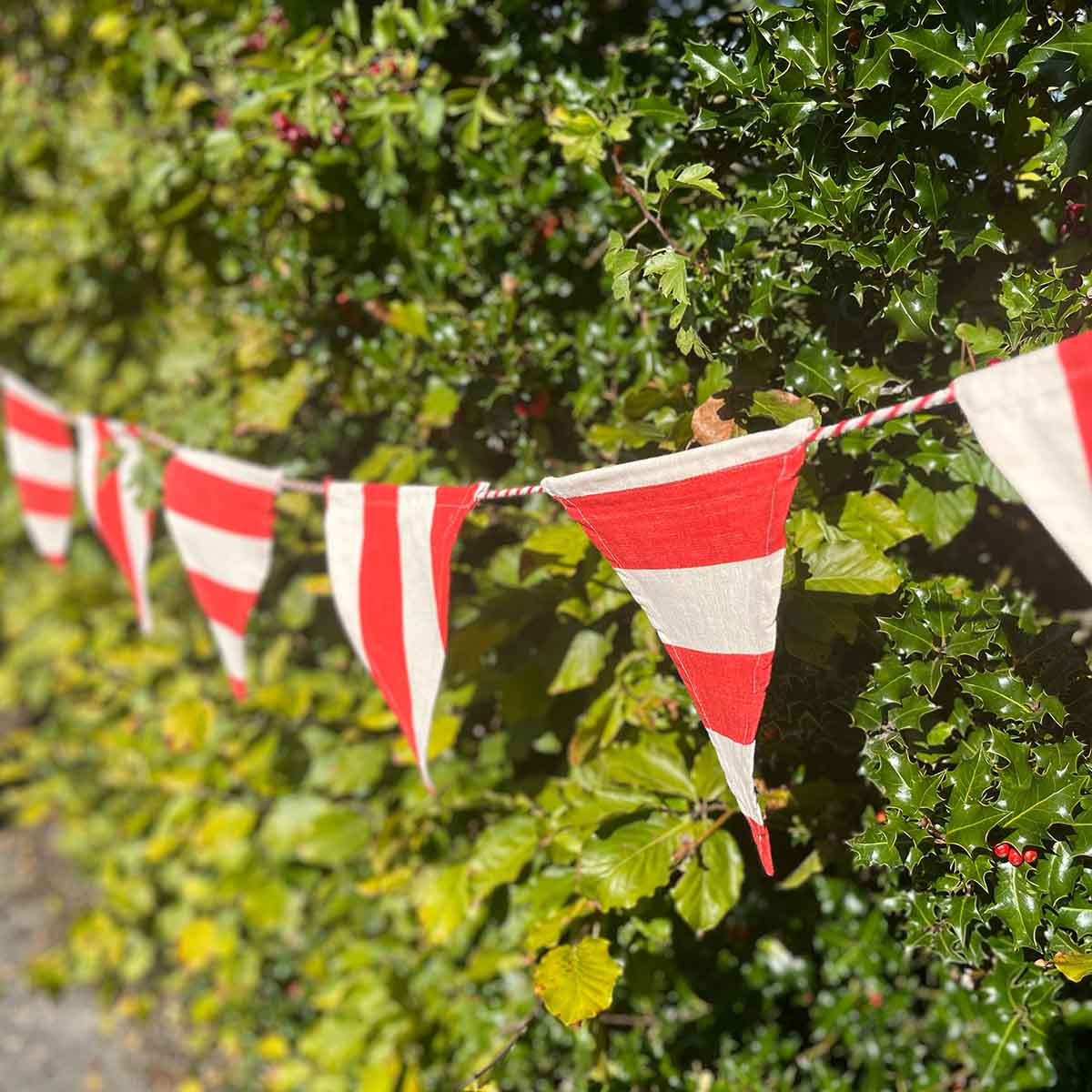 Red and white striped bunting hanging among green foliage