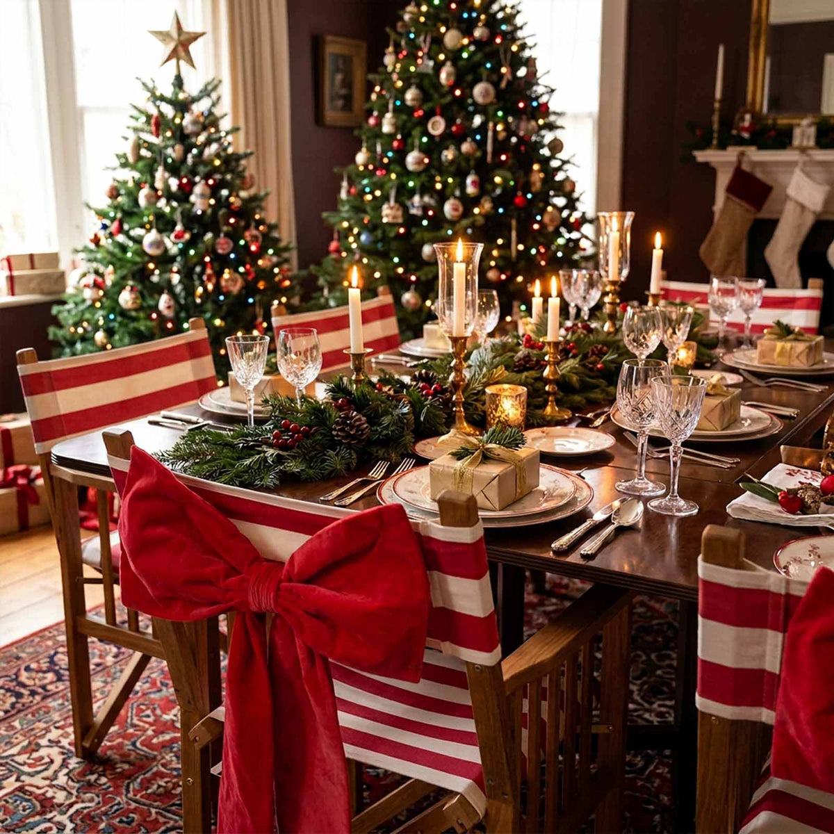 A festive Christmas dining table set with red and white striped chairs, a large red velvet bow on the front chair, green garlands, candles, plates, and wrapped gifts under two decorated Christmas trees