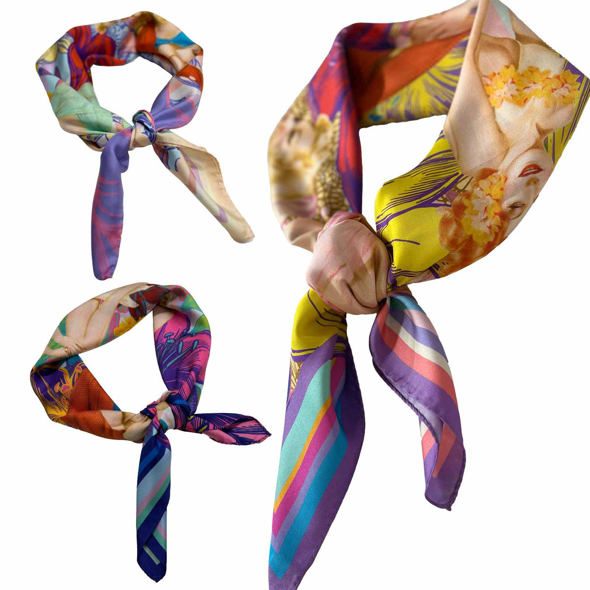 Three views of a colorful silk scarf with a vintage floral and face illustration print, tied in different styles against a white background.
