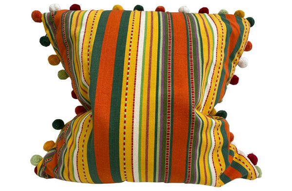 pompom cushion orange yellow stripe